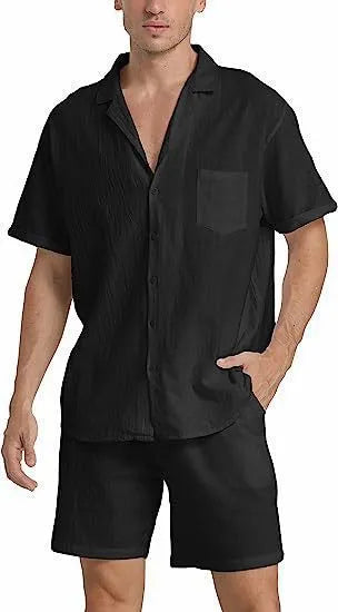 Men's linen short-sleeved shirt and matching shorts set in army green on a mannequin