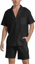 Men's linen short-sleeved shirt and matching shorts set in army green on a mannequin