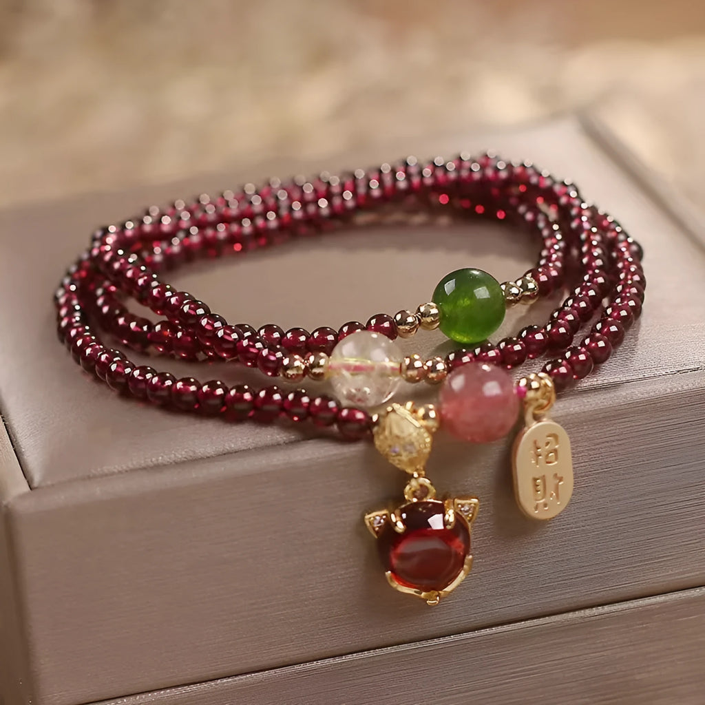 Purplish red garnet fox bracelet with adjustable rope tie for women