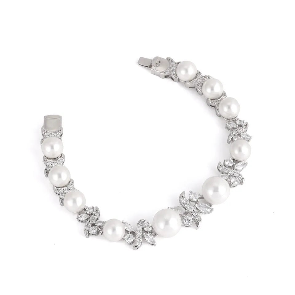 Vintage white pearl and zircon inlay bracelet on copper base with electroplated finish