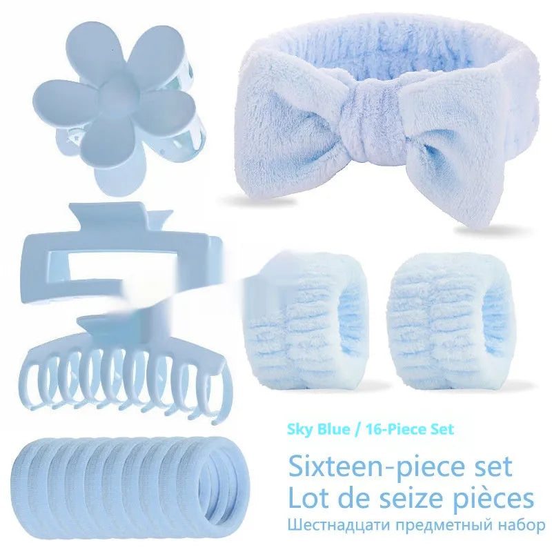 16-piece bow washing face hair band set in assorted colours with plaid pattern on OPP packaging