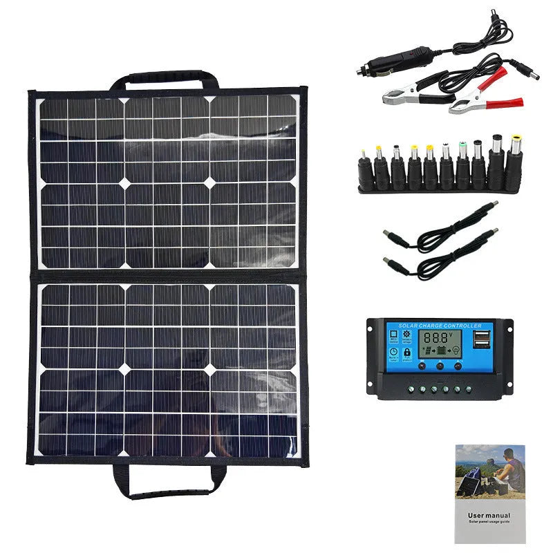 Black 40W single crystal folding solar panel bag shown folded to compact size
