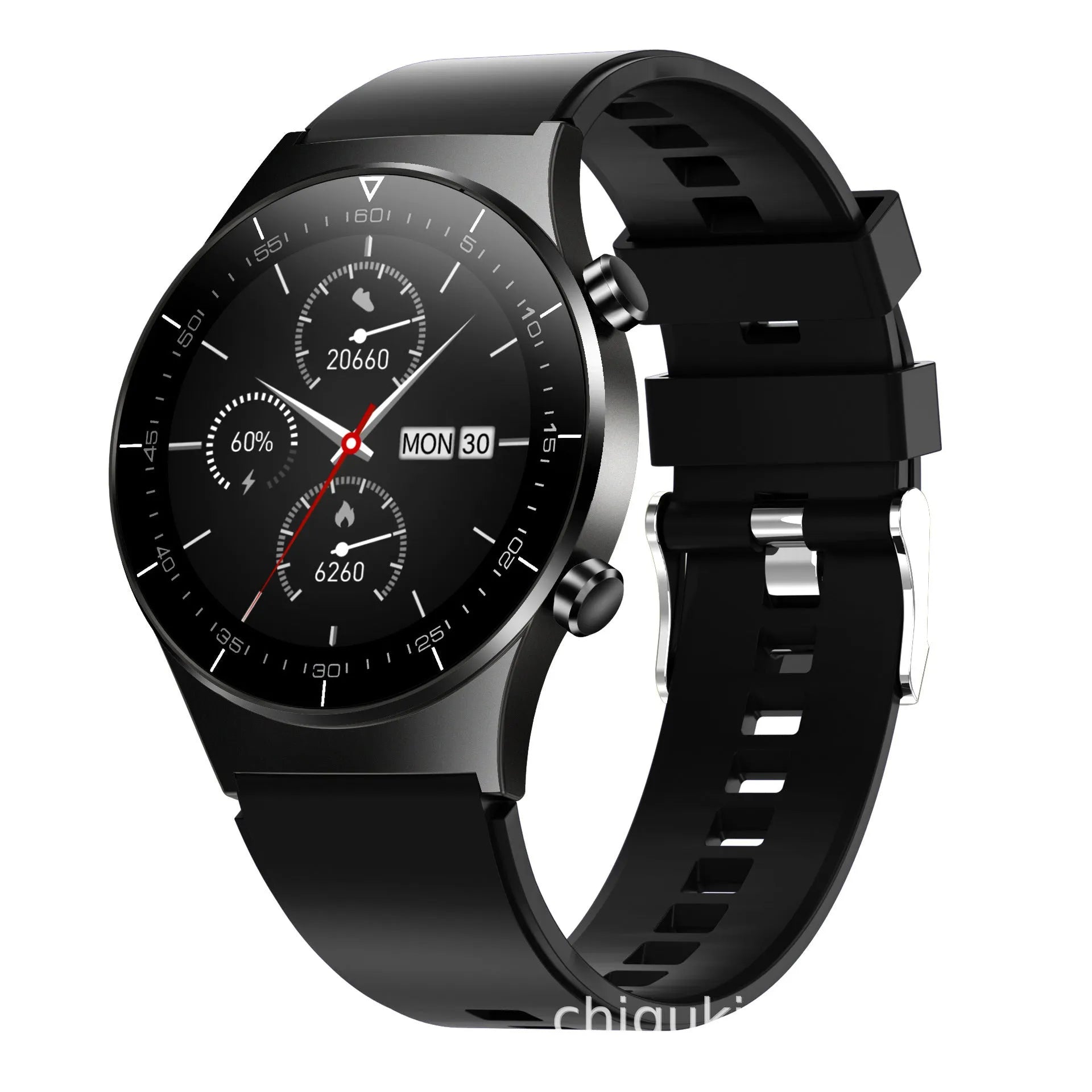 Black smart watch with 1.3-inch glass screen and TPU wrist strap showing health metrics display