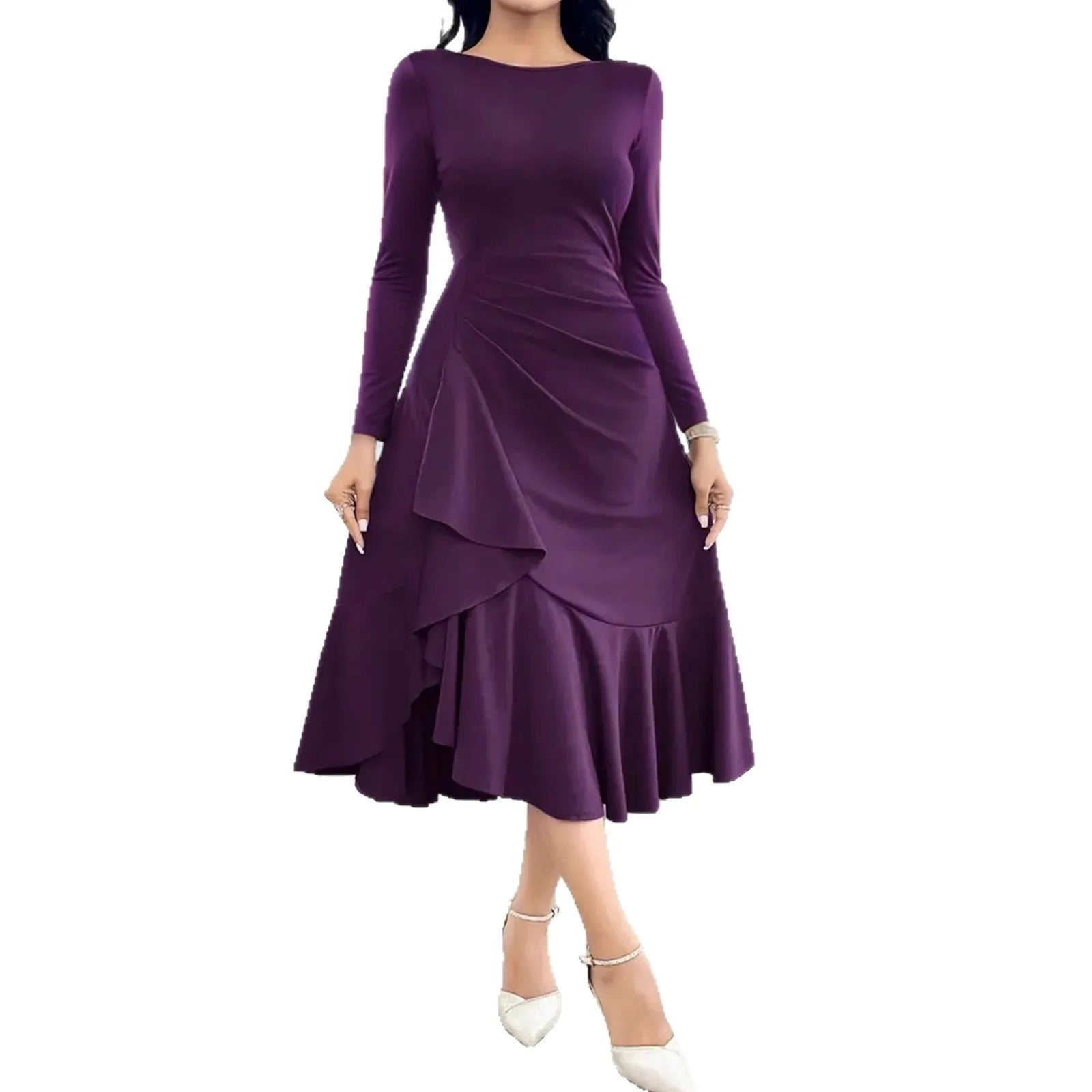 Purple women's long sleeve dress with ruffles and a round neck.