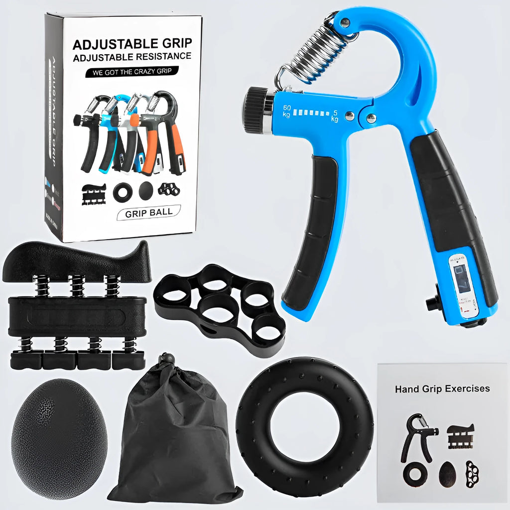Adjustable count spring grip five-piece set with counting grip, piano grip, five finger trainer, silicone hand grip, and TPE egg ball in black