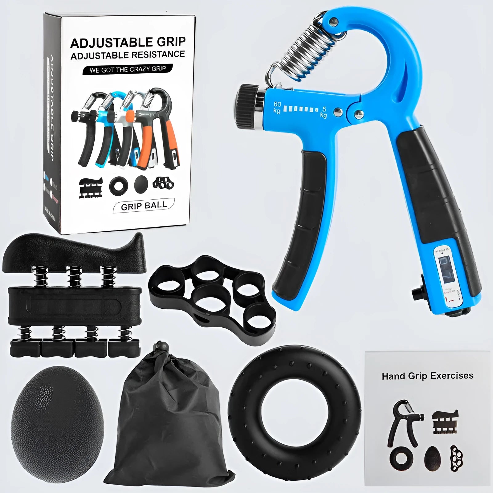 Adjustable count spring grip five-piece set with counting grip, piano grip, five finger trainer, silicone hand grip, and TPE egg ball in black