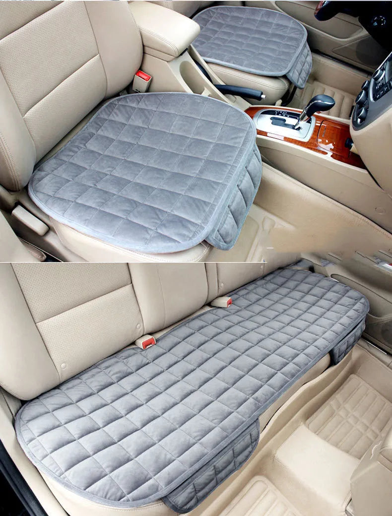 Checkered embroidered plush non-slip car seat cushion in beige with cotton fabric, three-piece set