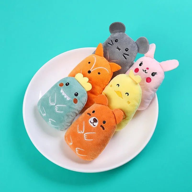 Colourful catnip plush chewing toy with claw and thumb textures for feline teeth grinding