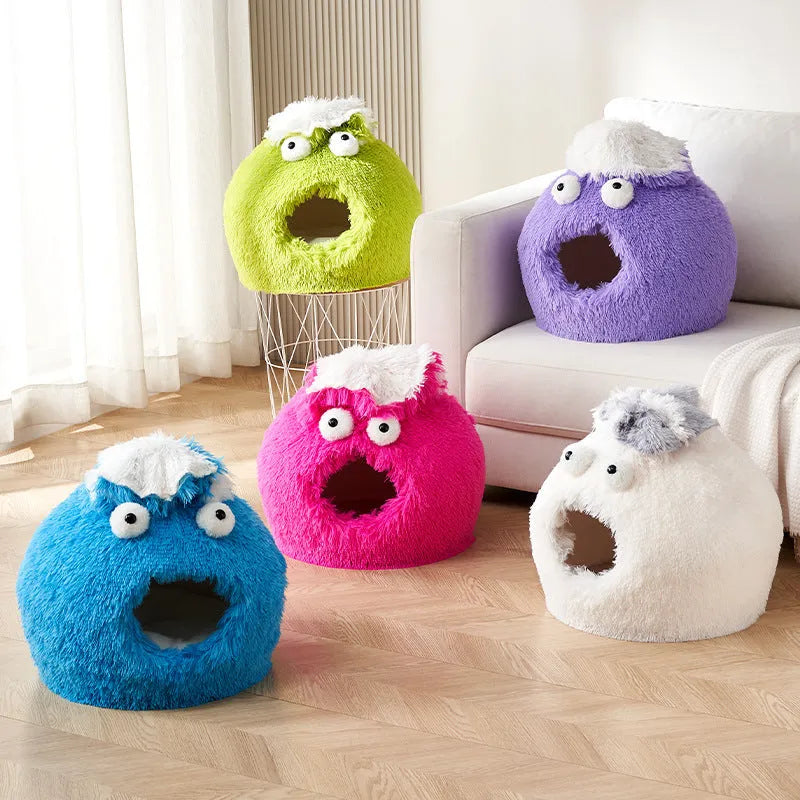 Warm winter cat nest closed sleeping house in soft plush material, available in blue, green, pink, purple, white