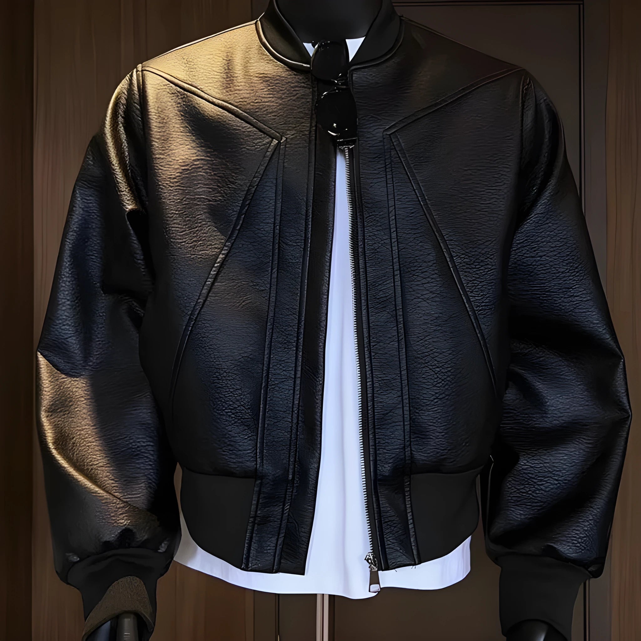 Men's black and brown PU litchi leather jacket with extended 100cm length and tight business fit