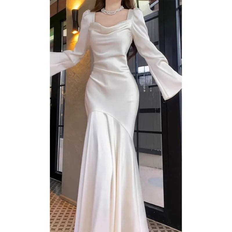Satin long sleeve champagne white dress for marriage certificate photo mid-rise waist