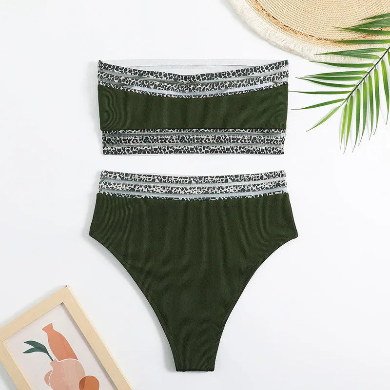 Black strapless split swimsuit with leopard print splicing detail, two-piece bikini set with briefs style
