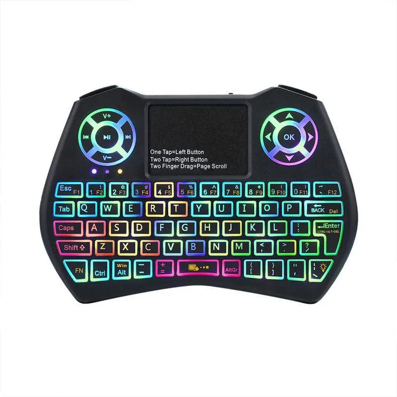Mini wireless keyboard with flying mouse, touchpad, and RGB LED backlit in black, featuring Qwerty layout and USB receiver