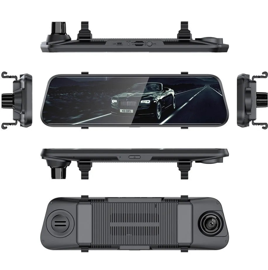10 inch streaming media rearview mirror driving recorder with touch screen and front rear cameras