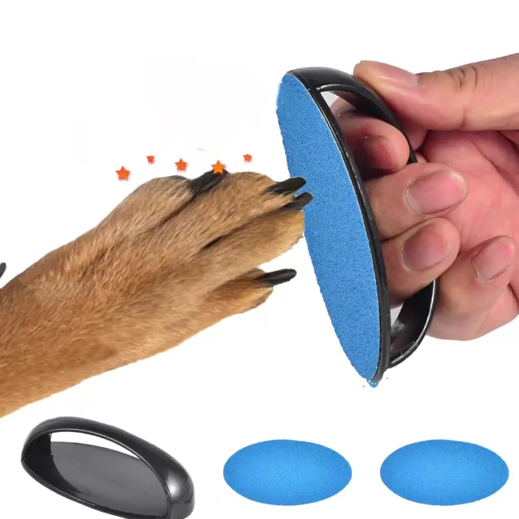 Dog nail file board with coloured handle and sandpaper surface for pet grooming