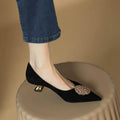 Women's stiletto pointed-toe shoes French style black suede wear-resistant rubber sole shallow mouth