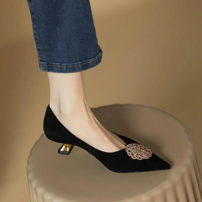 Women's stiletto pointed-toe shoes French style black suede wear-resistant rubber sole shallow mouth