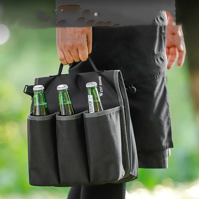Black and orange bicycle double-sided drink shelf bag mounted on bike rack with 2 litre capacity