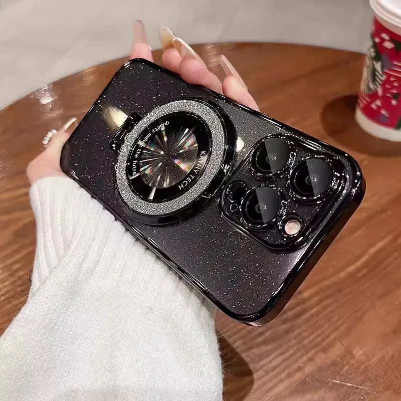 Starry Sky glitter magnetic bracket phone case with lens protector for iPhone, silver gray color