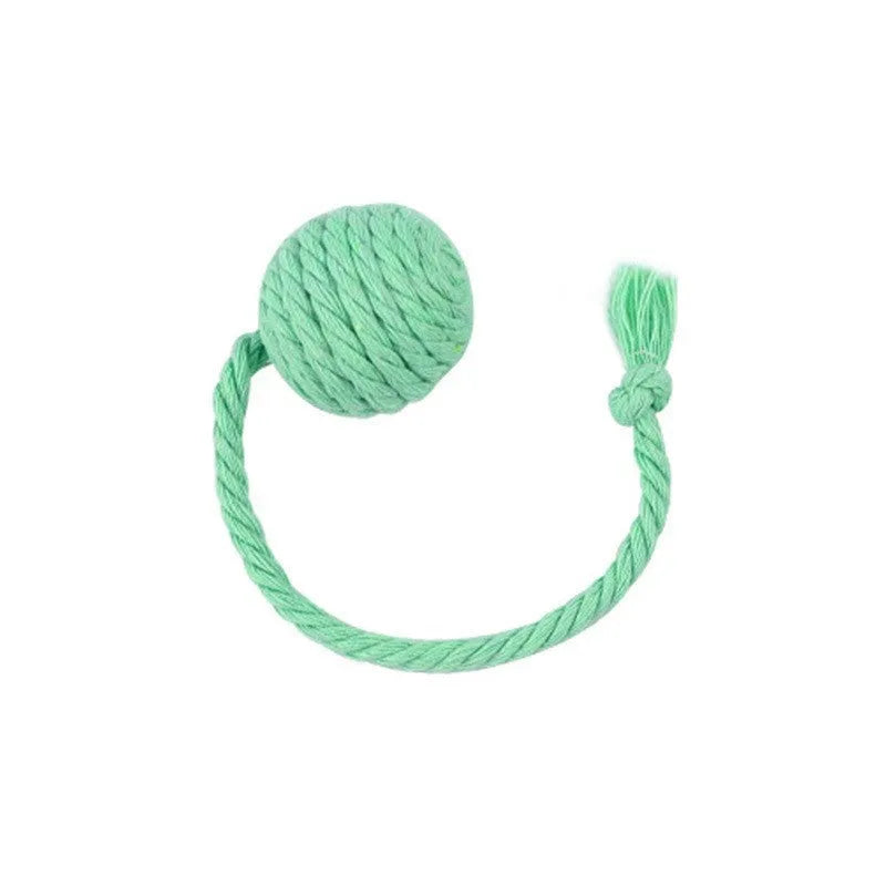 Cat toy ball with rope and bell in green pink purple yellow colours showing 3cm and 6cm size options