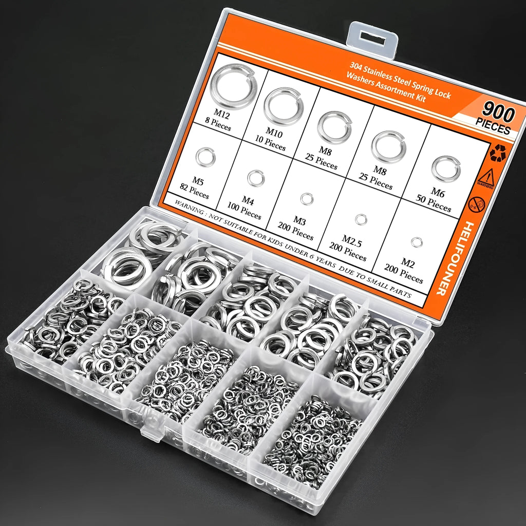 304 stainless steel spring lock washer combination box containing 900 pieces with 2-12mm diameters