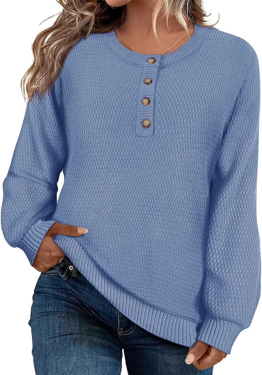 Solid colour buttons long sleeve round neck pullover sweater top in apricot, loose fit viscose blend