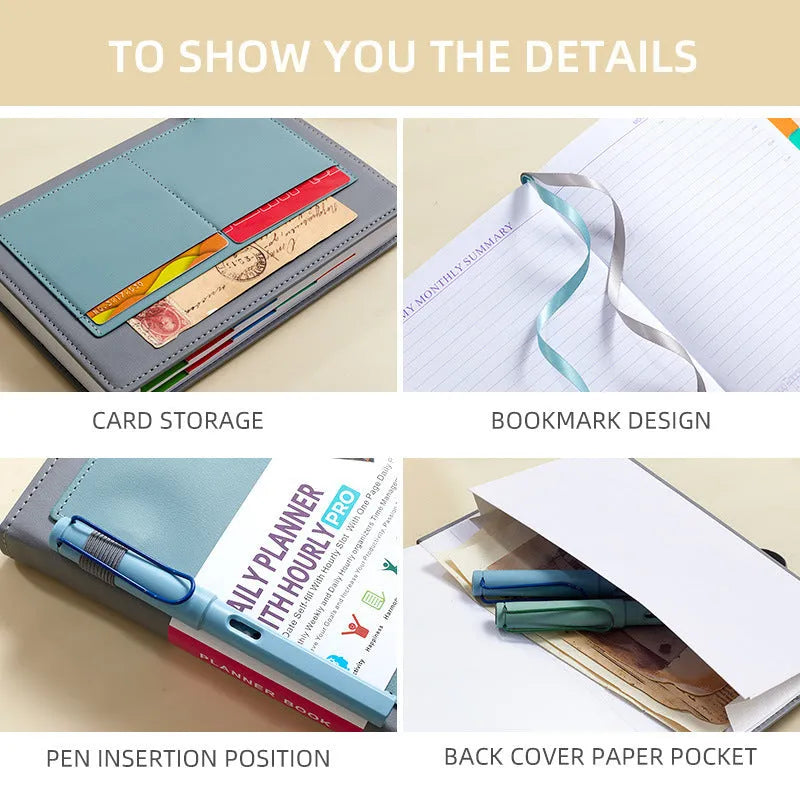 No-date planner notebook with PU cover in multiple colour options showing thread binding and planning stickers
