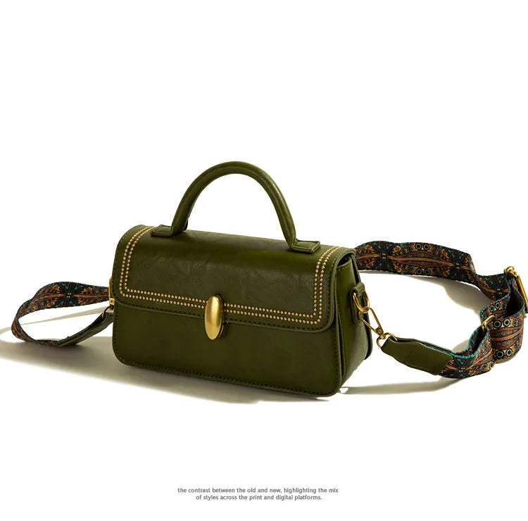 Brown retro messenger bag with sandwich pocket design and square vertical shape