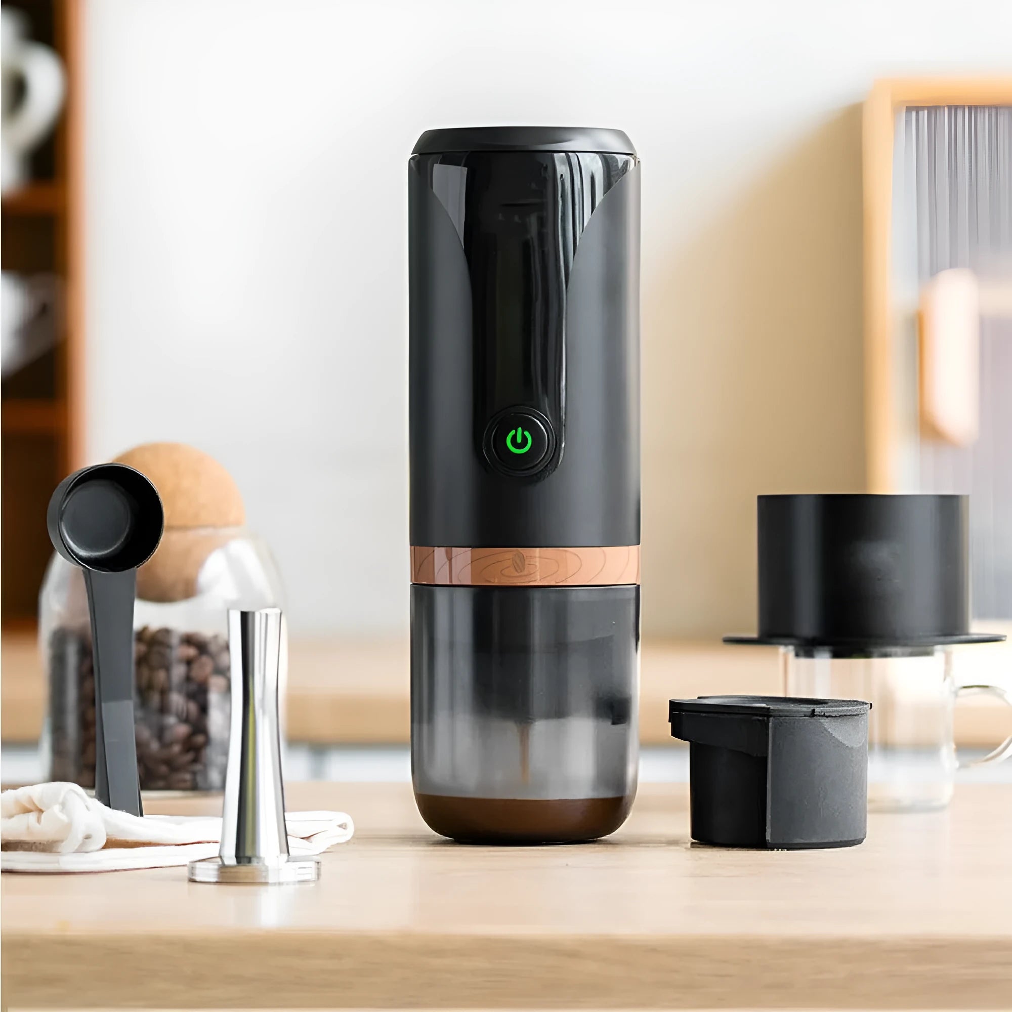 Portable camping coffee maker with plastic body, 75mm x 228mm, showing double mode for ground coffee and capsule holders