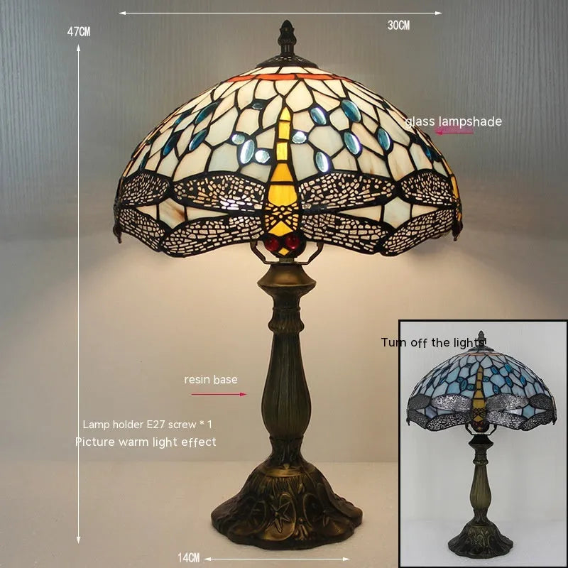 Tiffany dragonfly stone table lamp with retro European design and coloured glass shade