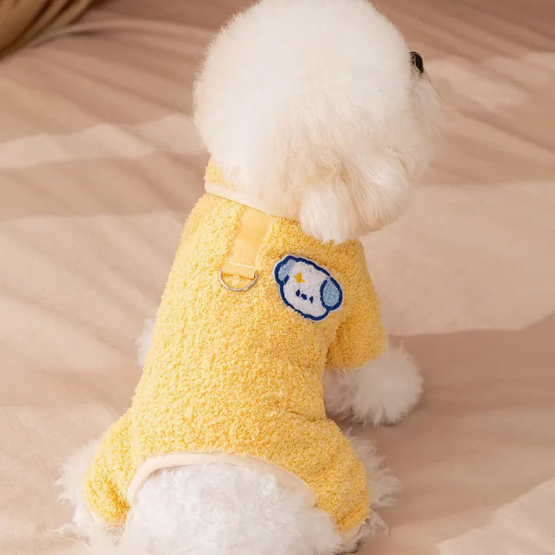 Yellow thick plush winter dog pajamas one-piece suit cartoon style for small dogs