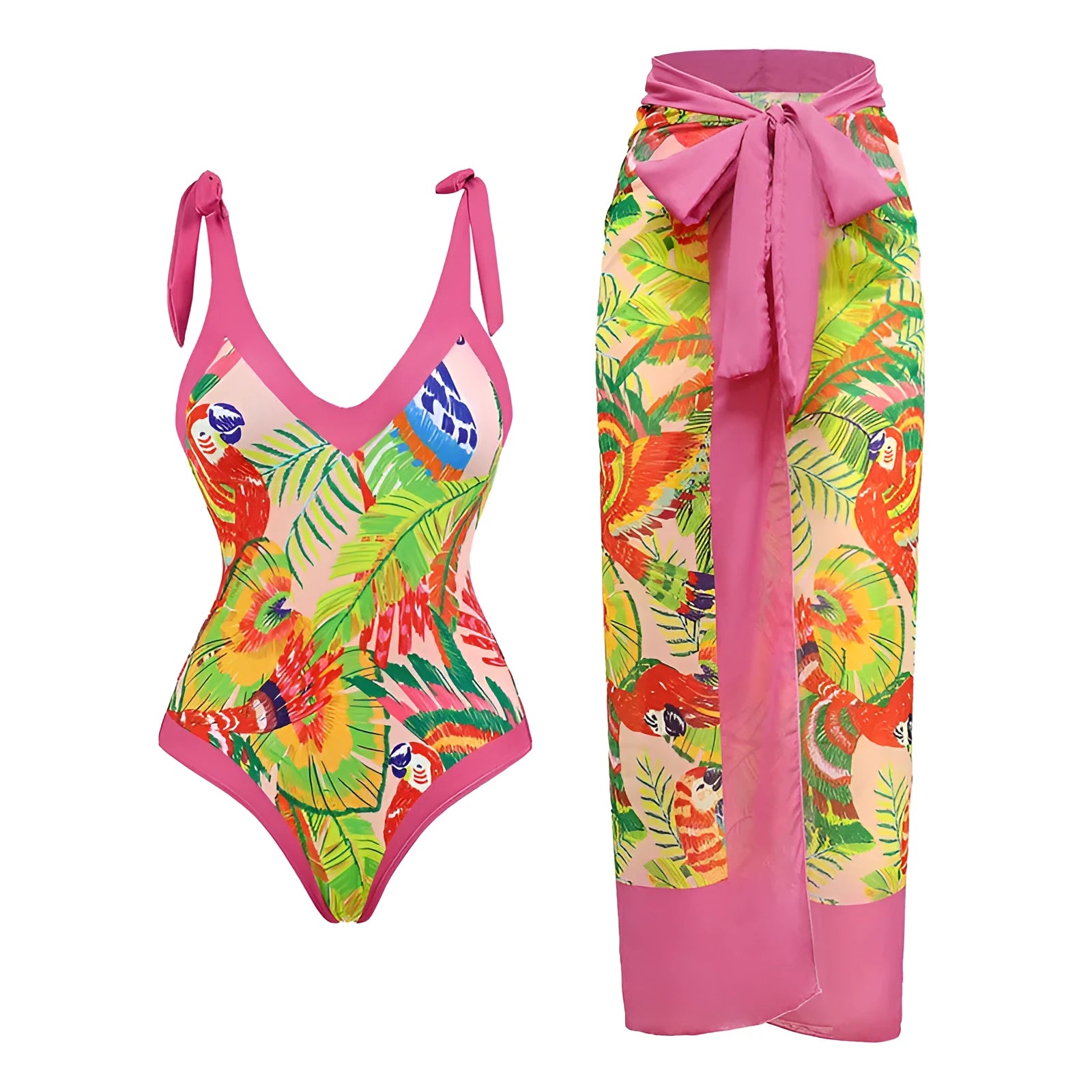 Women's solid colour one-piece swimsuit with spaghetti straps and a matching skirt laid flat.