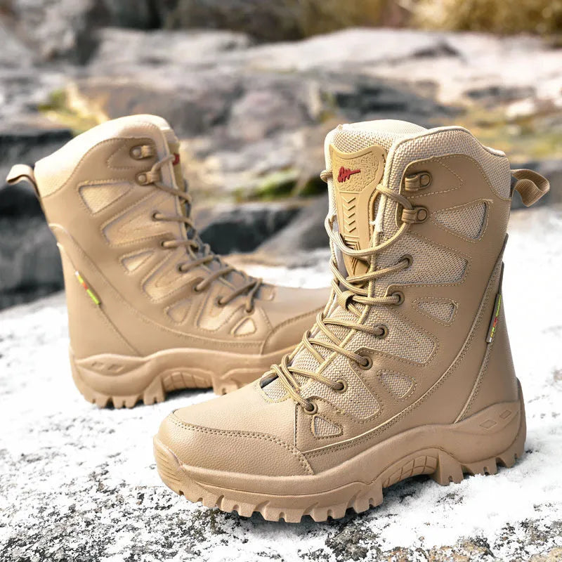 Men's cowhide leather hi-top hiking shoes in beige colour on outdoor terrain