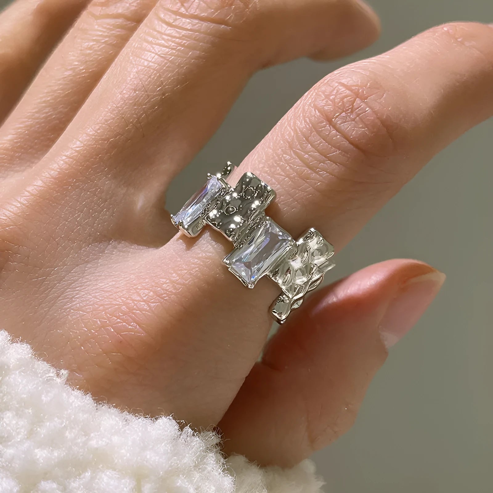 Silver geometric cross ring with zircon detailing and open pastoral retro design