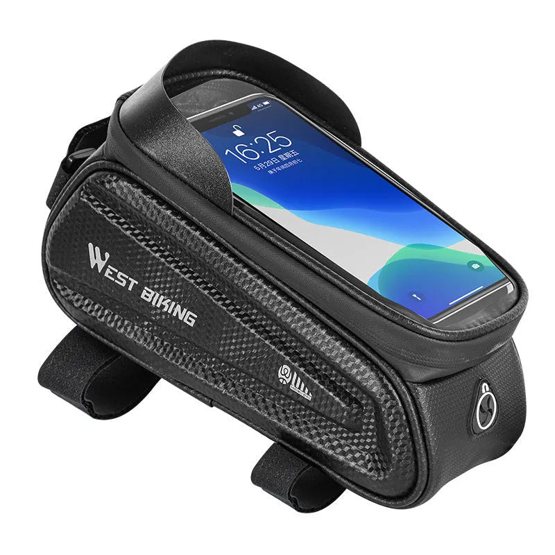Black EVA bicycle saddle bag with touch screen upper, 1.6L capacity, for 6.5 or 7.2 inch phones