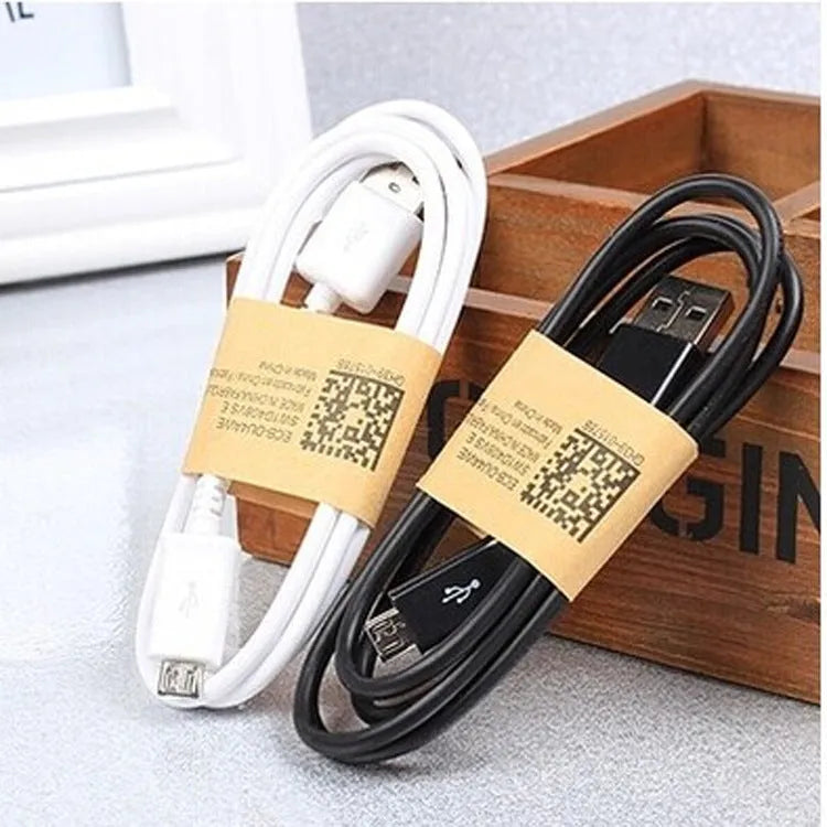 Black and white Android Micro USB data cable for phone and tablet charging, 1 metre long.
