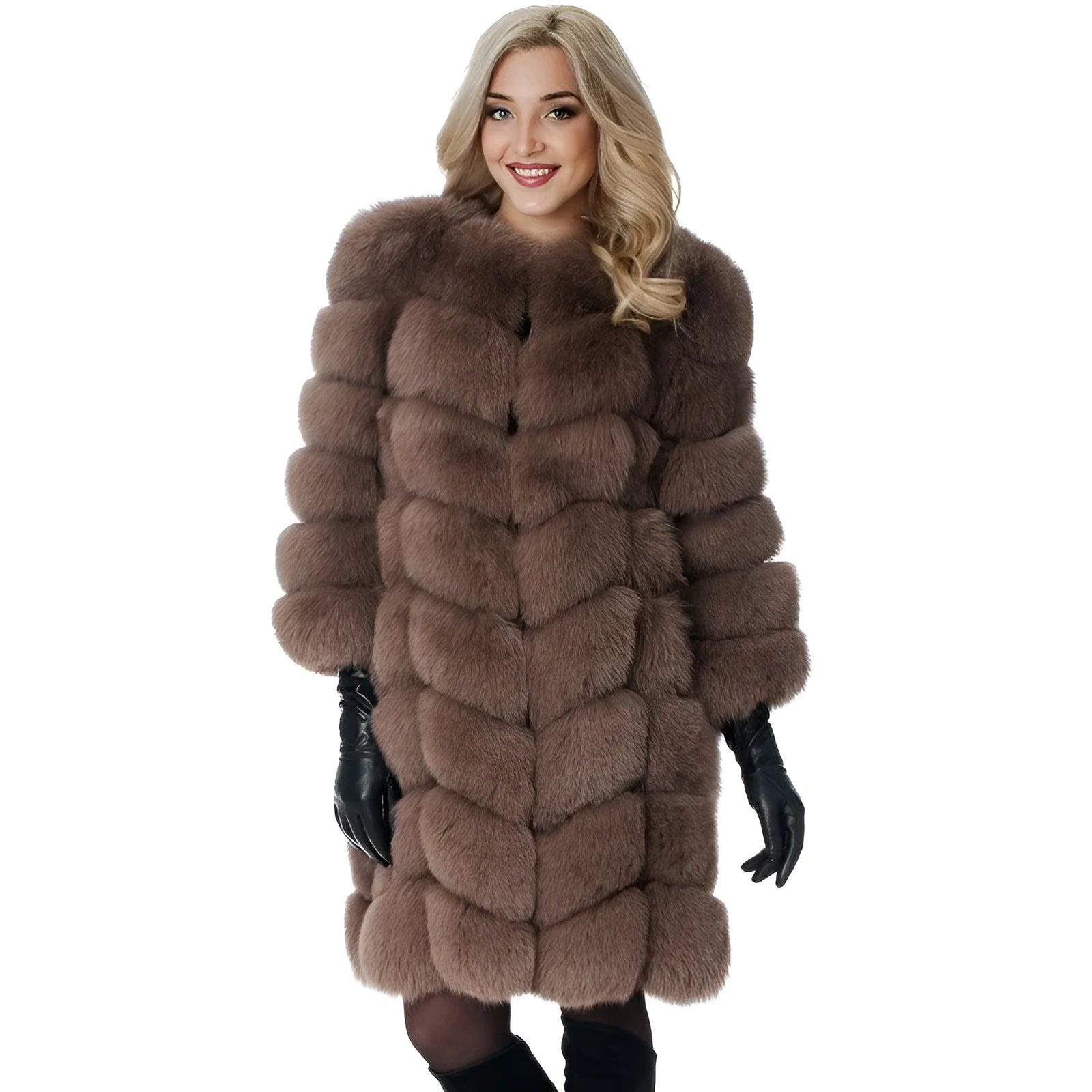 Women's long artificial fur coat in a wine red colour, showing regular sleeves and a mid-length fit.