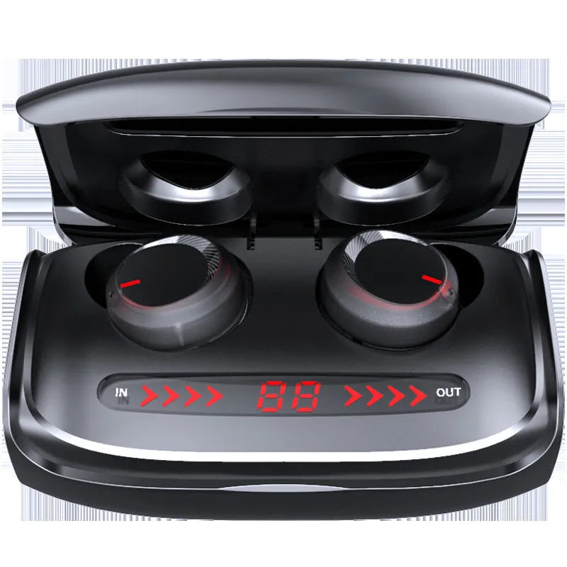 T11 Wireless Bluetooth 5.0 Earbuds Black earplug-style with charging case and data cable