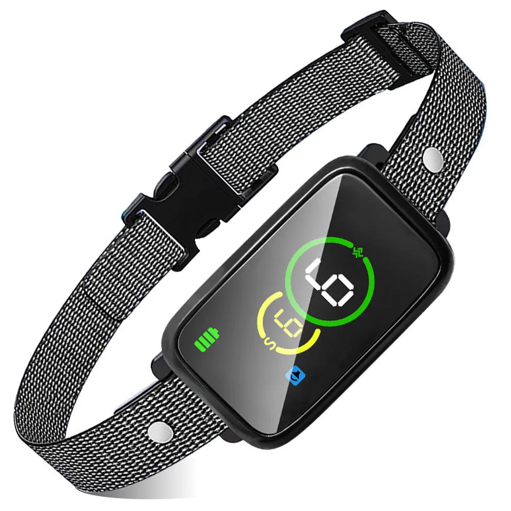 Black ABS bark-stop collar with colour screen and magnetic USB charging port