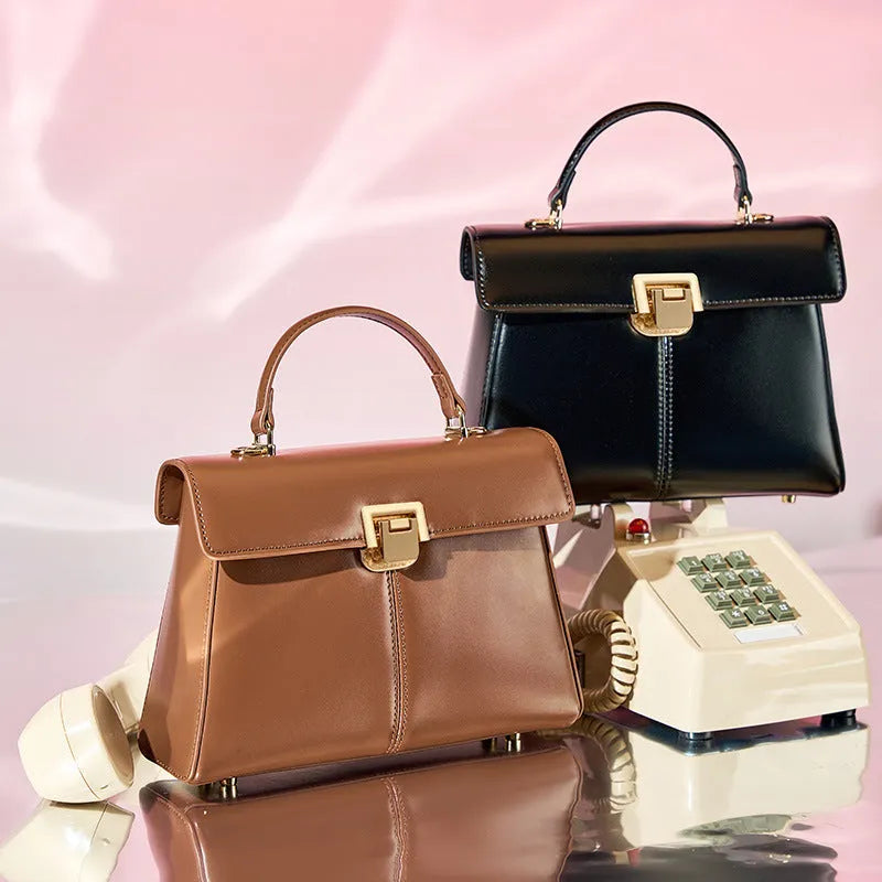 Women's genuine leather shoulder bag in horizontal square design with cover opening