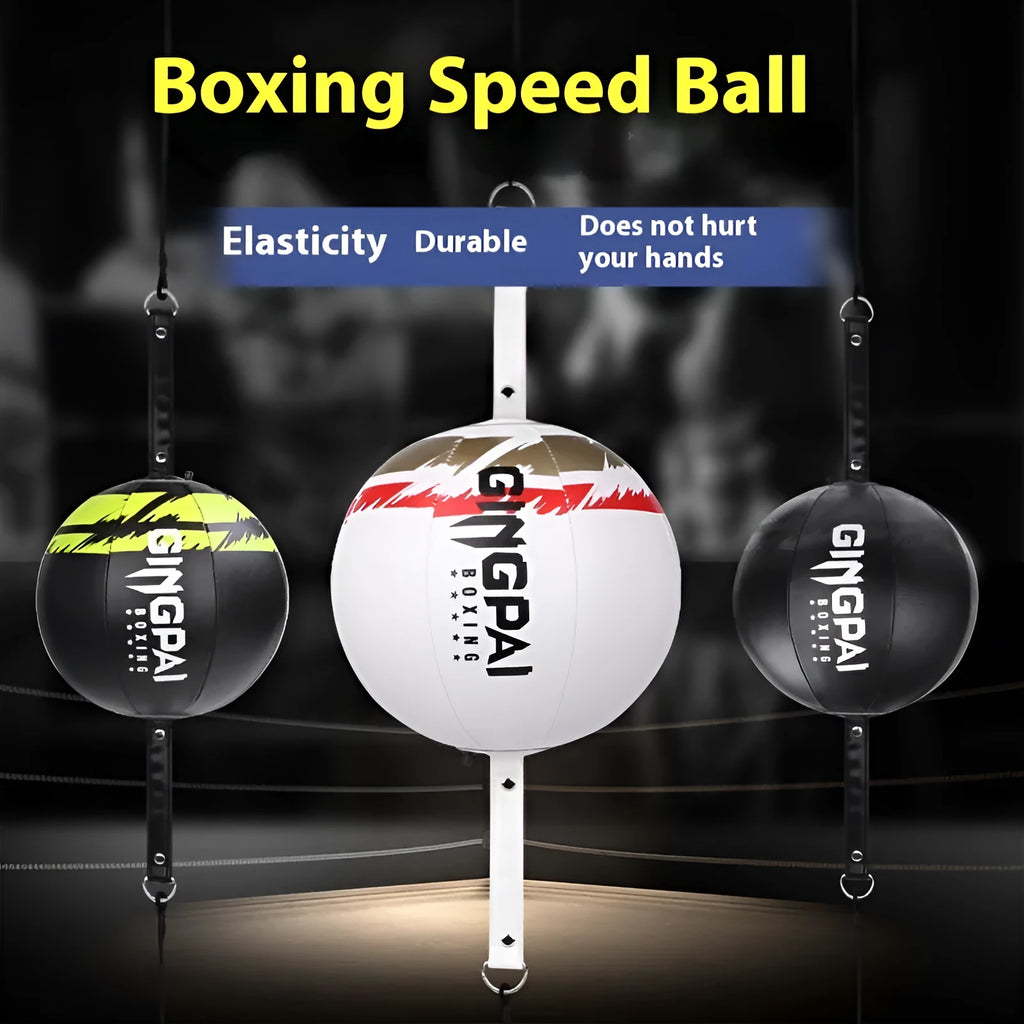 Black, black and green, and white hanging PU boxing speed ball for reaction dodge training