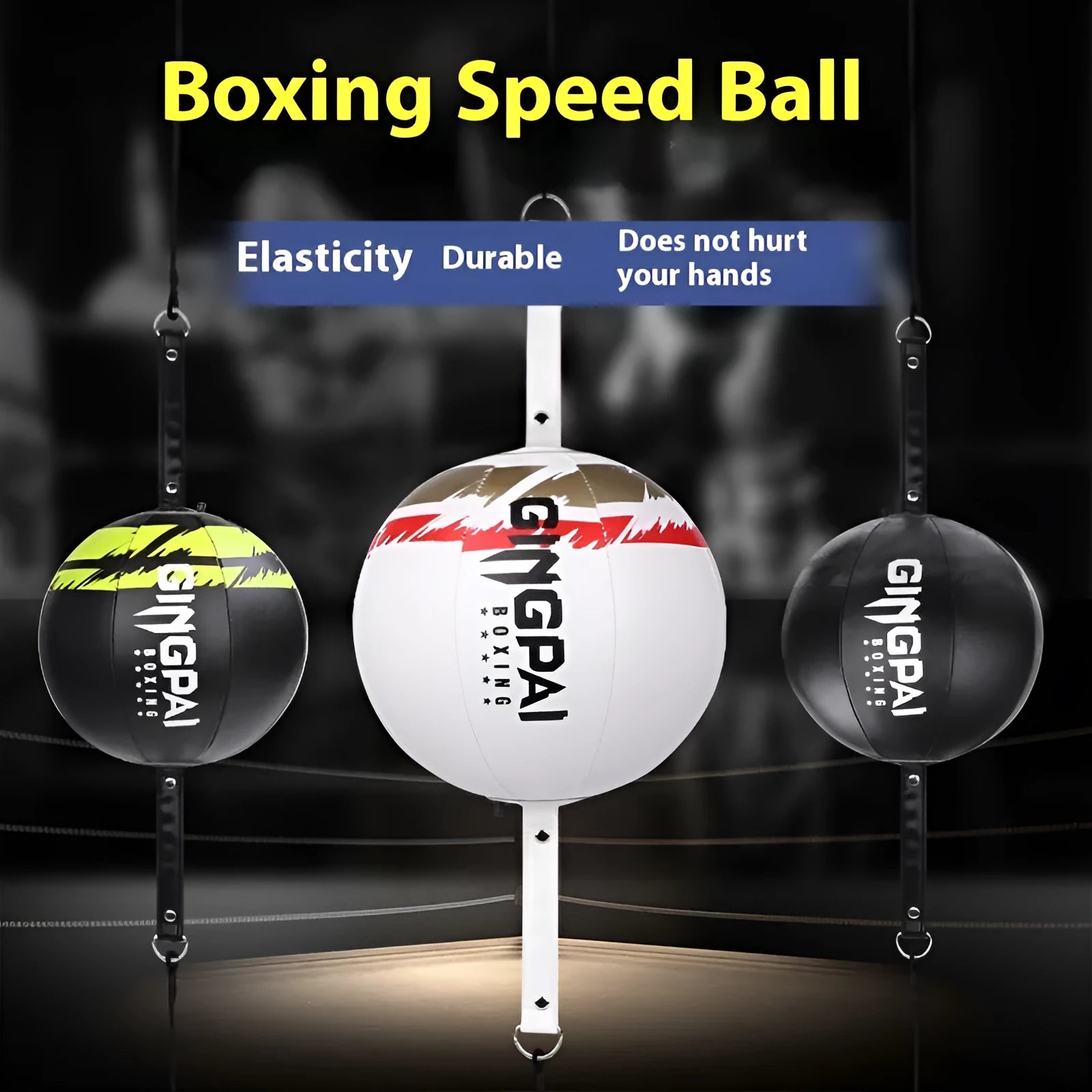 Black, black and green, and white hanging PU boxing speed ball for reaction dodge training