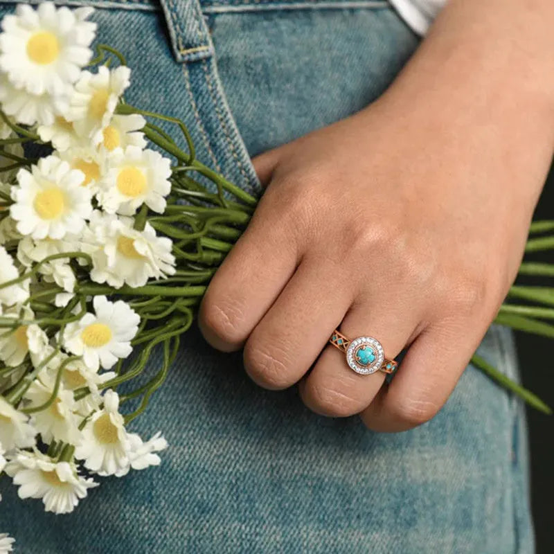 Women's turquoise geometric copper ring with zircon stone inlay in rose gold finish