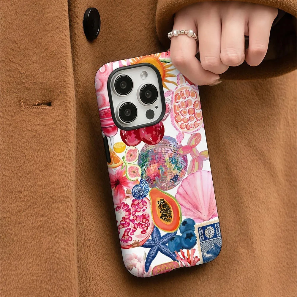 Creative minimalist marine bio printed phone case in white, double-layer feilin film shell for iPhone 11 to 16
