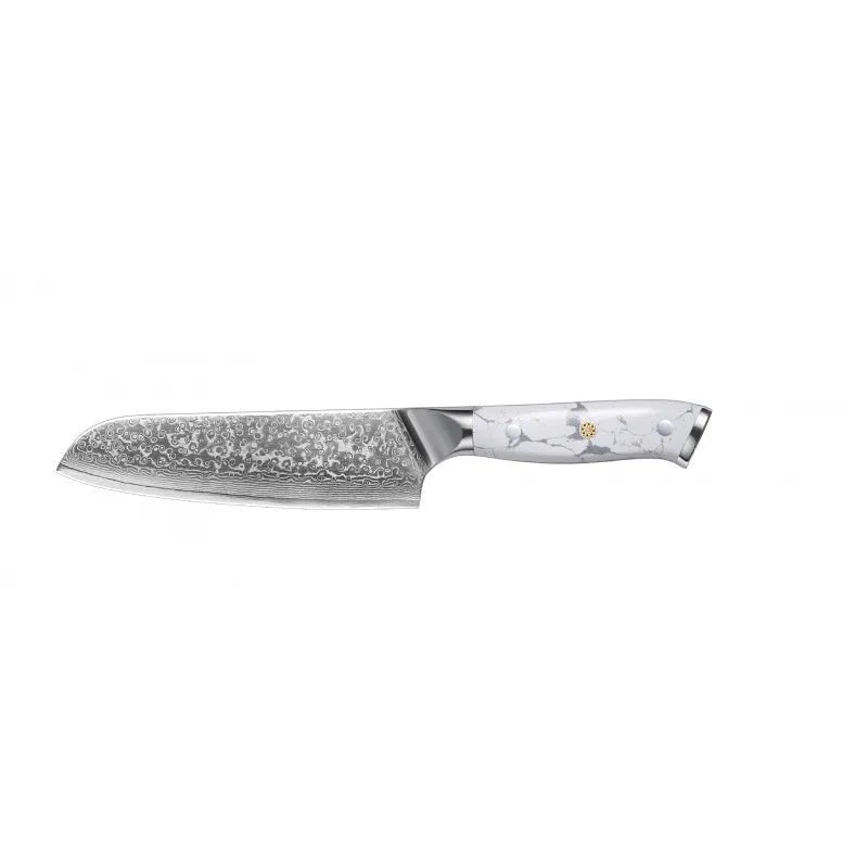 VG10 Damascus steel chef's knife with 21cm blade on a kitchen counter.