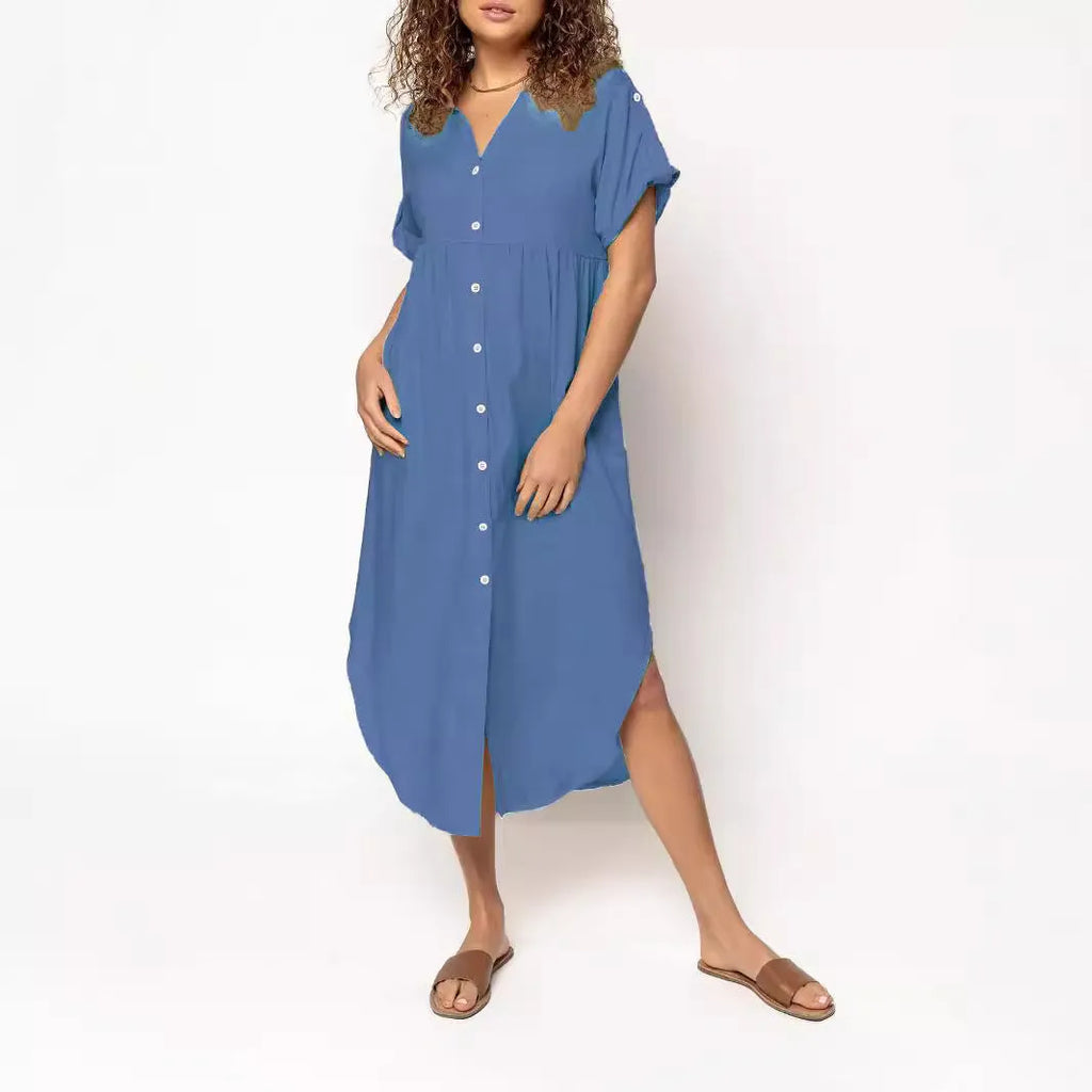 Casual solid colour mid-length dress with button front closure on a hanger.