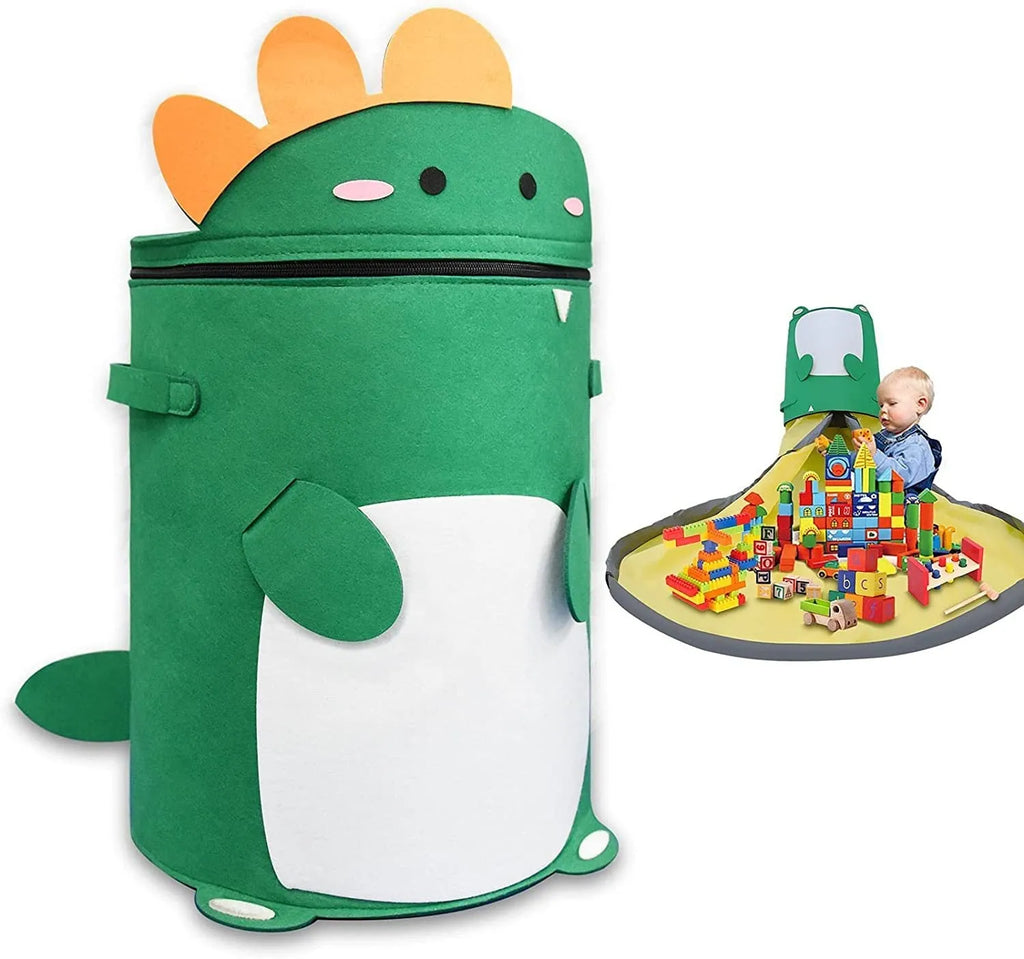 Green felt cube storage bag with pull rope closure opened as play mat