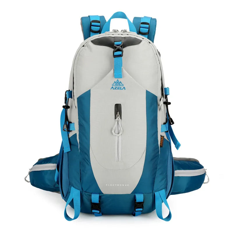 AZELA Electron 40L hiking backpack in white and navy, multiple compartments, adjustable straps, outdoor camping, daypack