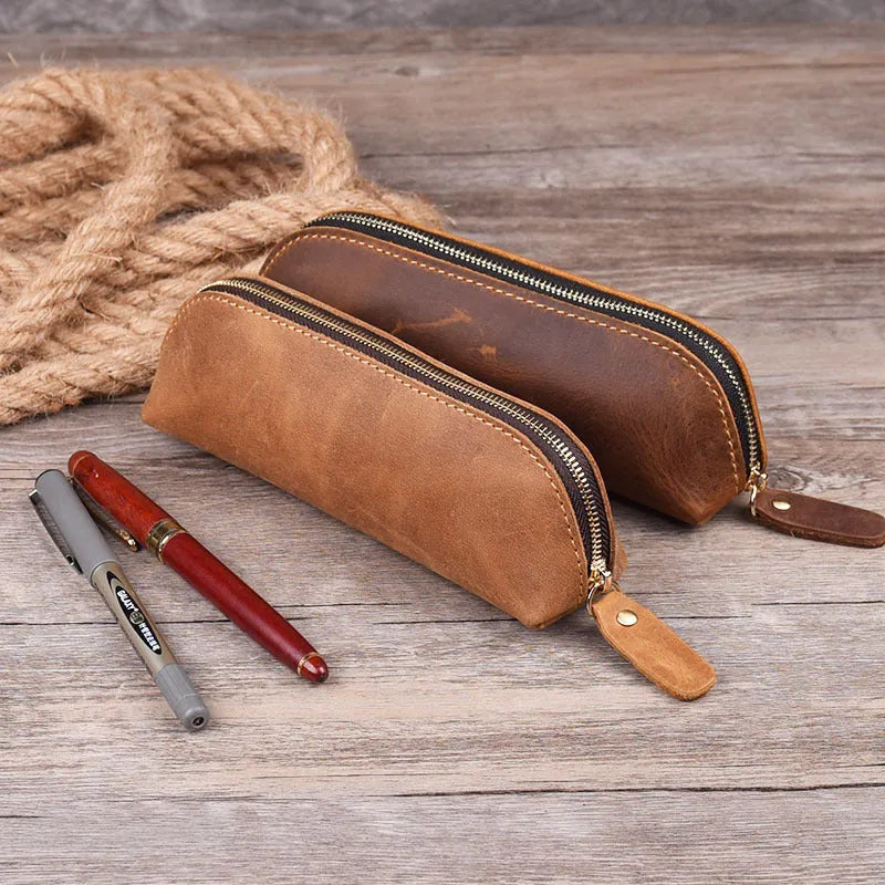 Genuine leather handmade pencil case with zipper in four colour options
