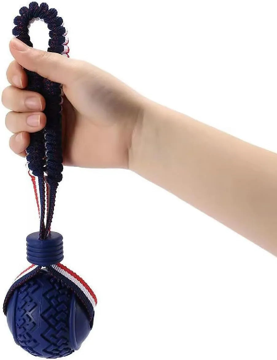 Blue dog toy with a textured rubber ball attached to a cotton rope, shown on grass.